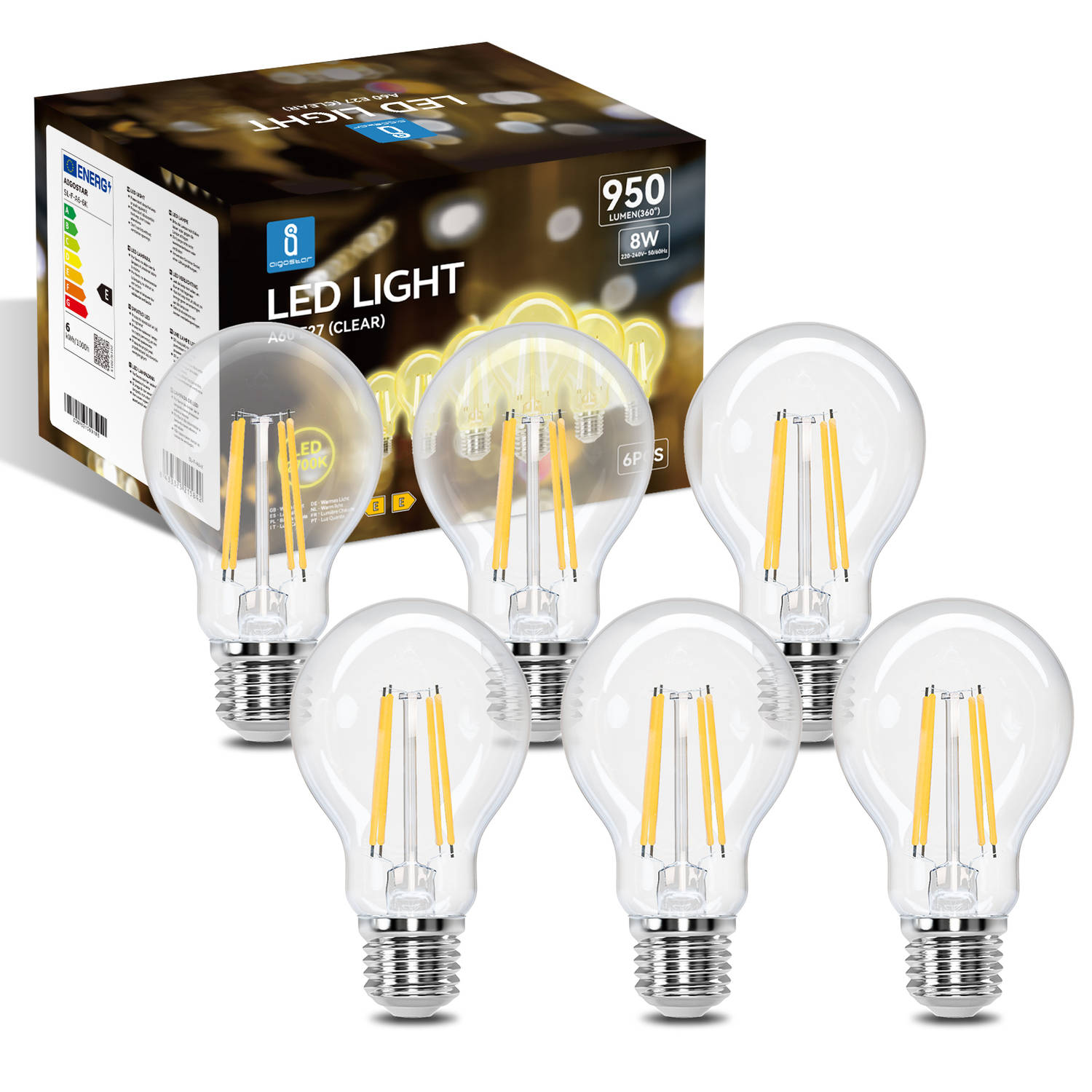 Aigostar 10zco Led Lichtbron Filament Lamp A60 E27 Fitting 8w 2700k Set Van 6 Stuks