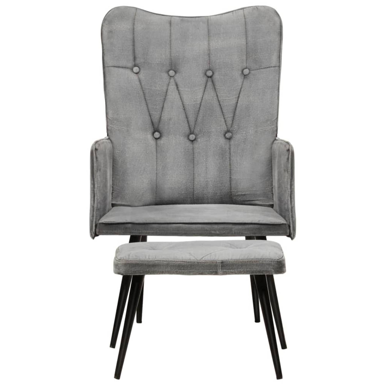 The Living Store Fauteuil met voetenbank vintage stijl canvas grijs - Fauteuil