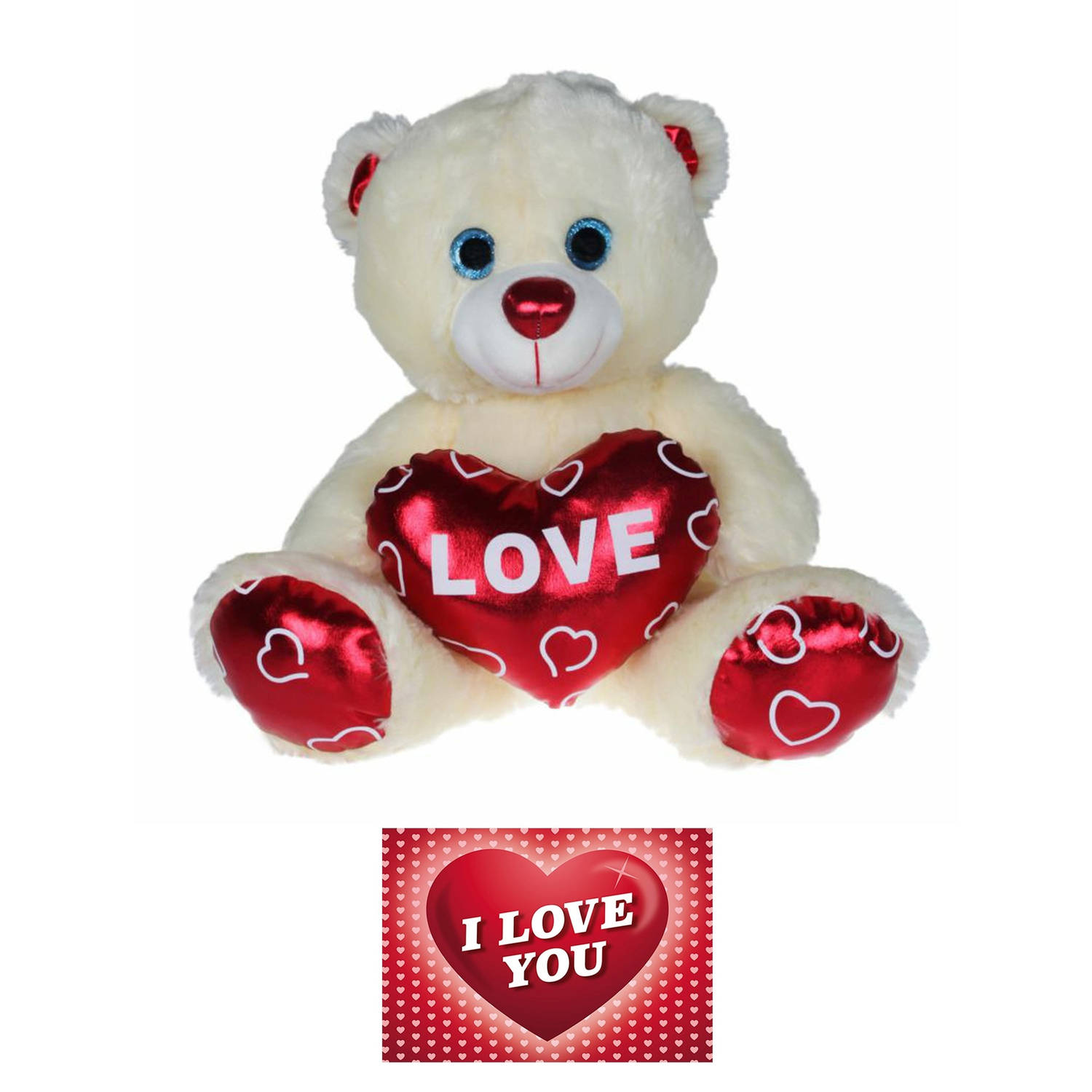Pluche Knuffelbeer 80 Cm Met Wit-rood Valentijn Love Hartje Incl. Hartjes Wenskaart Knuffelberen
