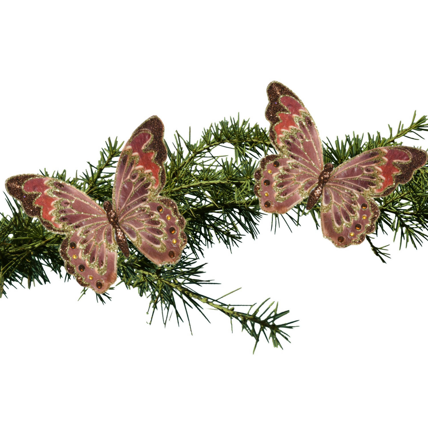 2x Stuks Kerstboom Decoratie Vlinders Op Clip Glitter Bruin 18 Cm Kersthangers