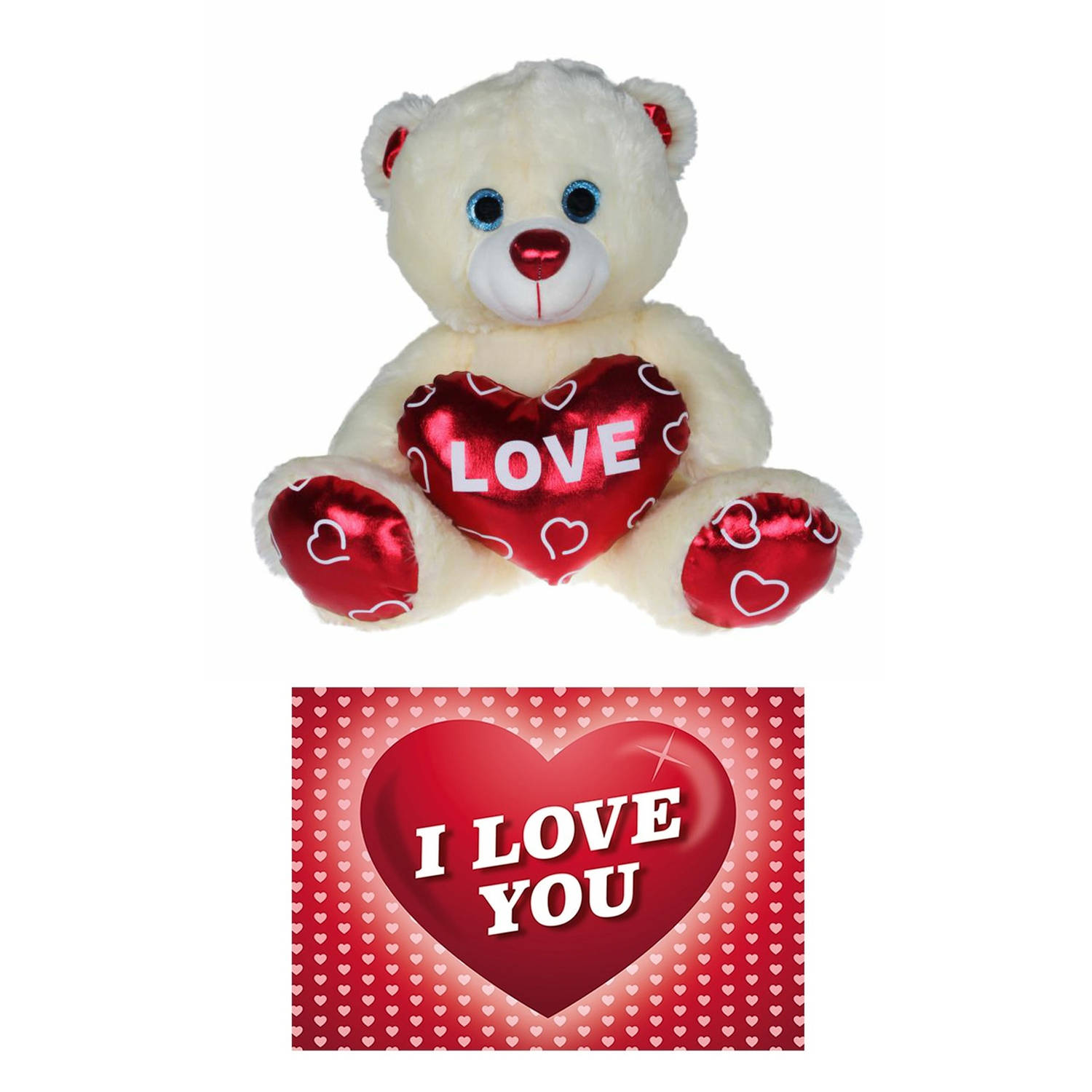 Pluche Knuffelbeer 25 Cm Met Wit-rood Valentijn Love Hartje Incl. Hartjes Wenskaart Knuffelberen
