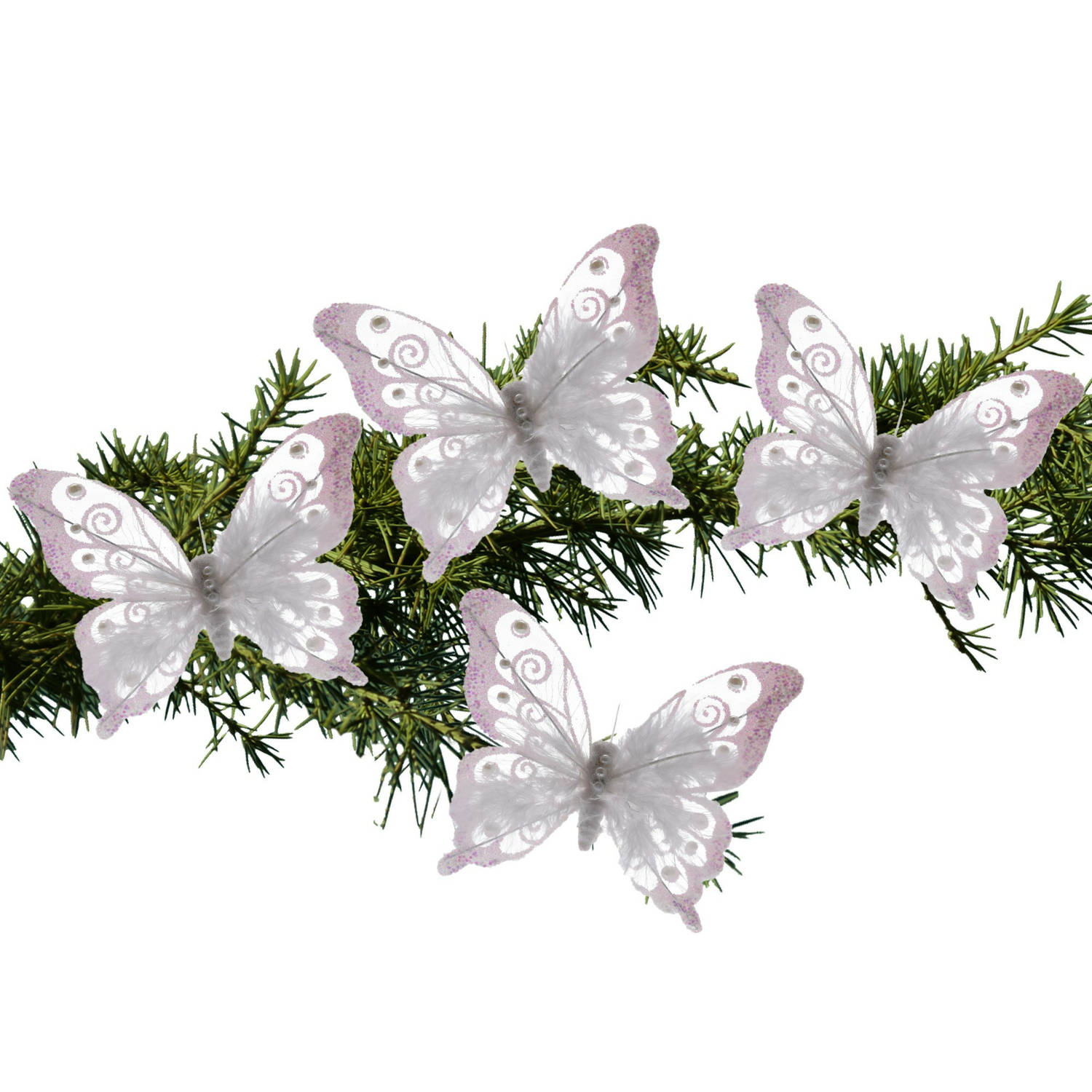 4x Stuks Kerstboom Decoratie Vlinders Op Clip Glitter Wit 15,5 Cm Kersthangers