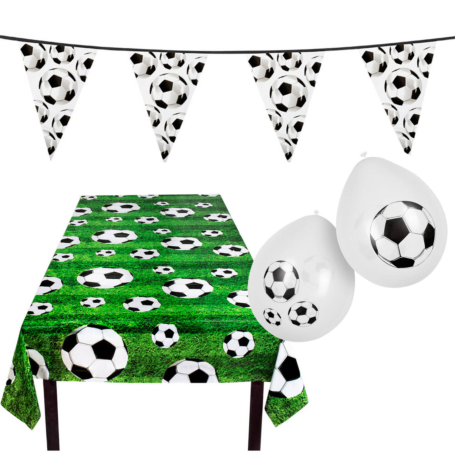 Bonus Jumping jack Verdikken Voetbal versiering feestpakket - tafelkleed 120 x 180 cm - vlaggenlijn 10 m  - 12x ballonnen - Feesttafelkleden | Blokker