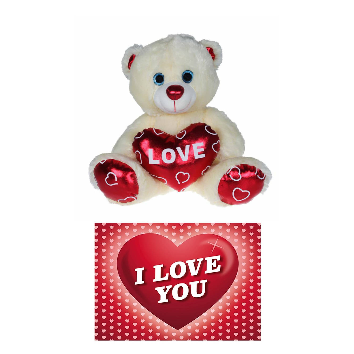 Pluche Knuffelbeer 20 Cm Met Wit-rood Valentijn Love Hartje Incl. Hartjes Wenskaart Knuffelberen