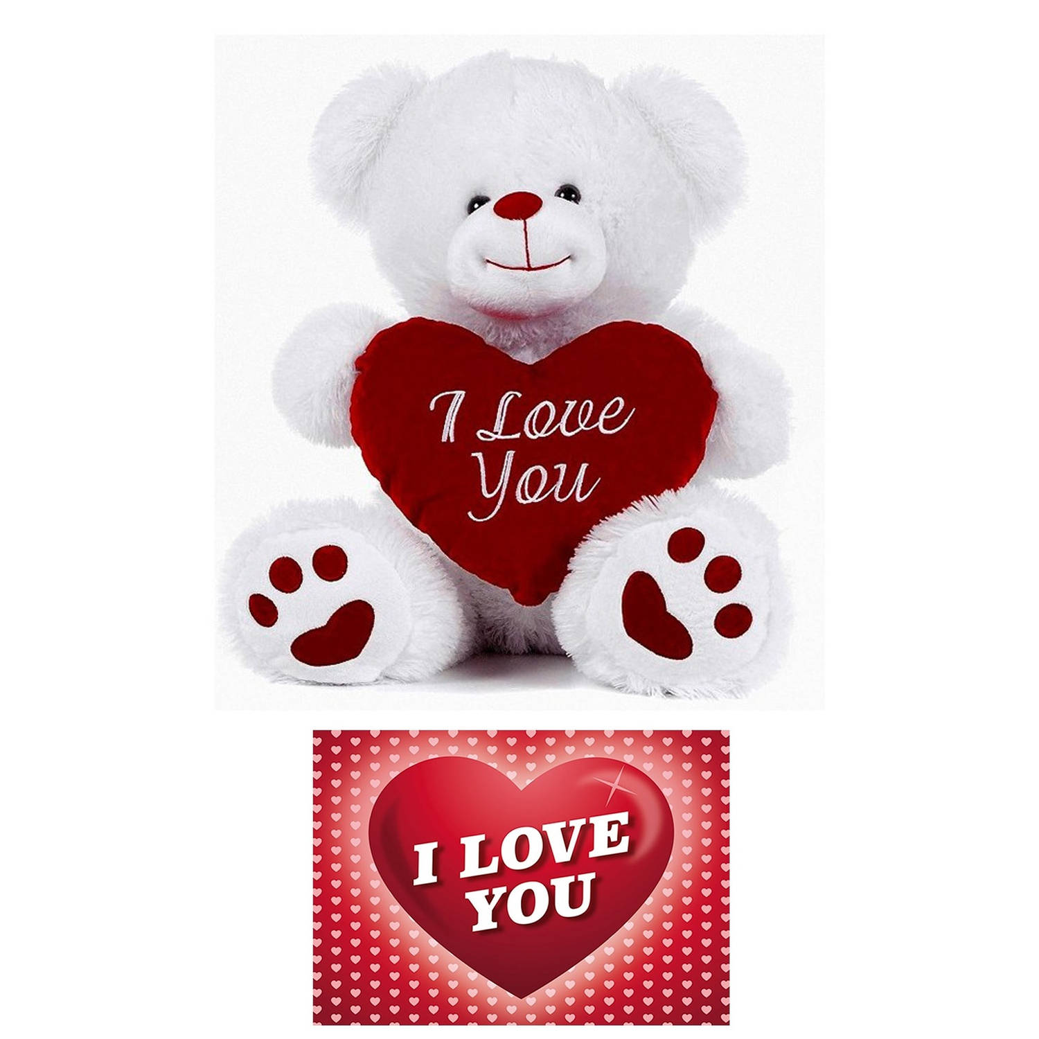 Pluche Knuffelbeer 27 Cm Met Wit-rood Valentijn Love Hartje Incl. Hartjes Wenskaart Knuffelberen