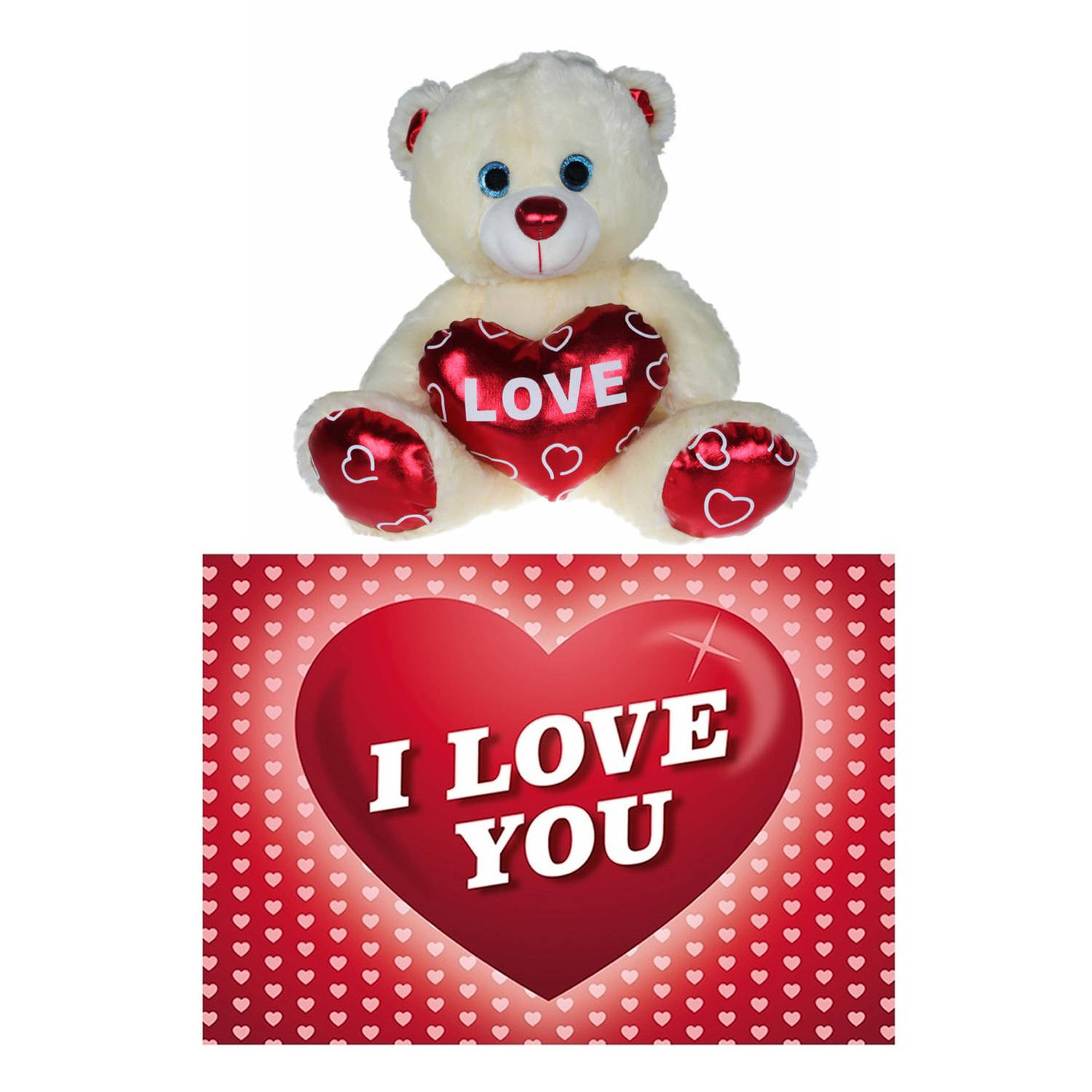 Pluche Knuffelbeer 15 Cm Met Wit-rood Valentijn Love Hartje Incl. Hartjes Wenskaart Knuffelberen