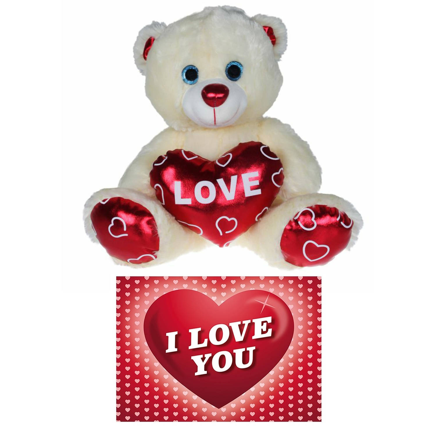 Pluche Knuffelbeer 30 Cm Met Wit-rood Valentijn Love Hartje Incl. Hartjes Wenskaart Knuffelberen