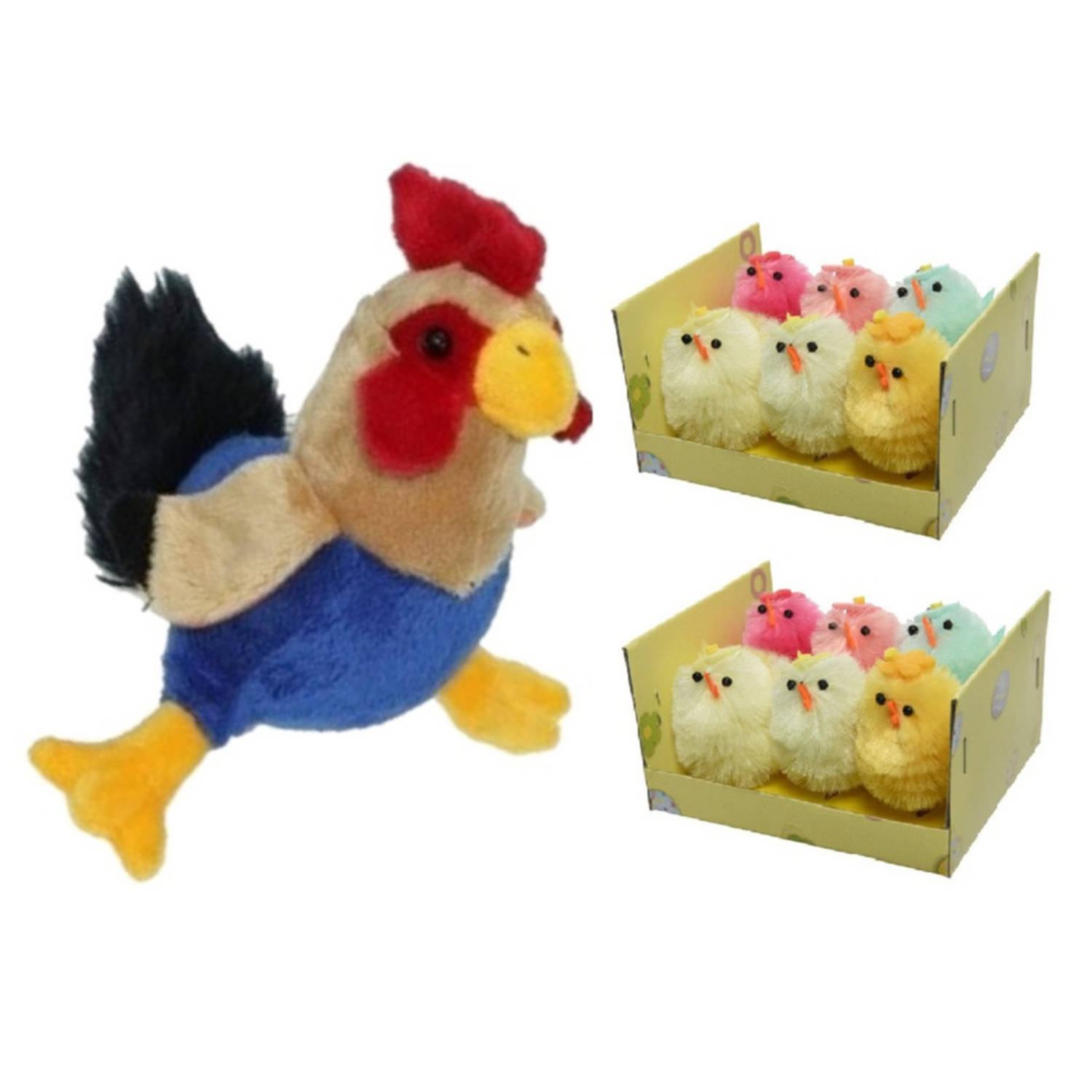 Pluche kippen/hanen knuffel van 20 met 12x stuks mini gekleurde kuikentjes 4 cm - Feestdecoratievoorwerp | Blokker