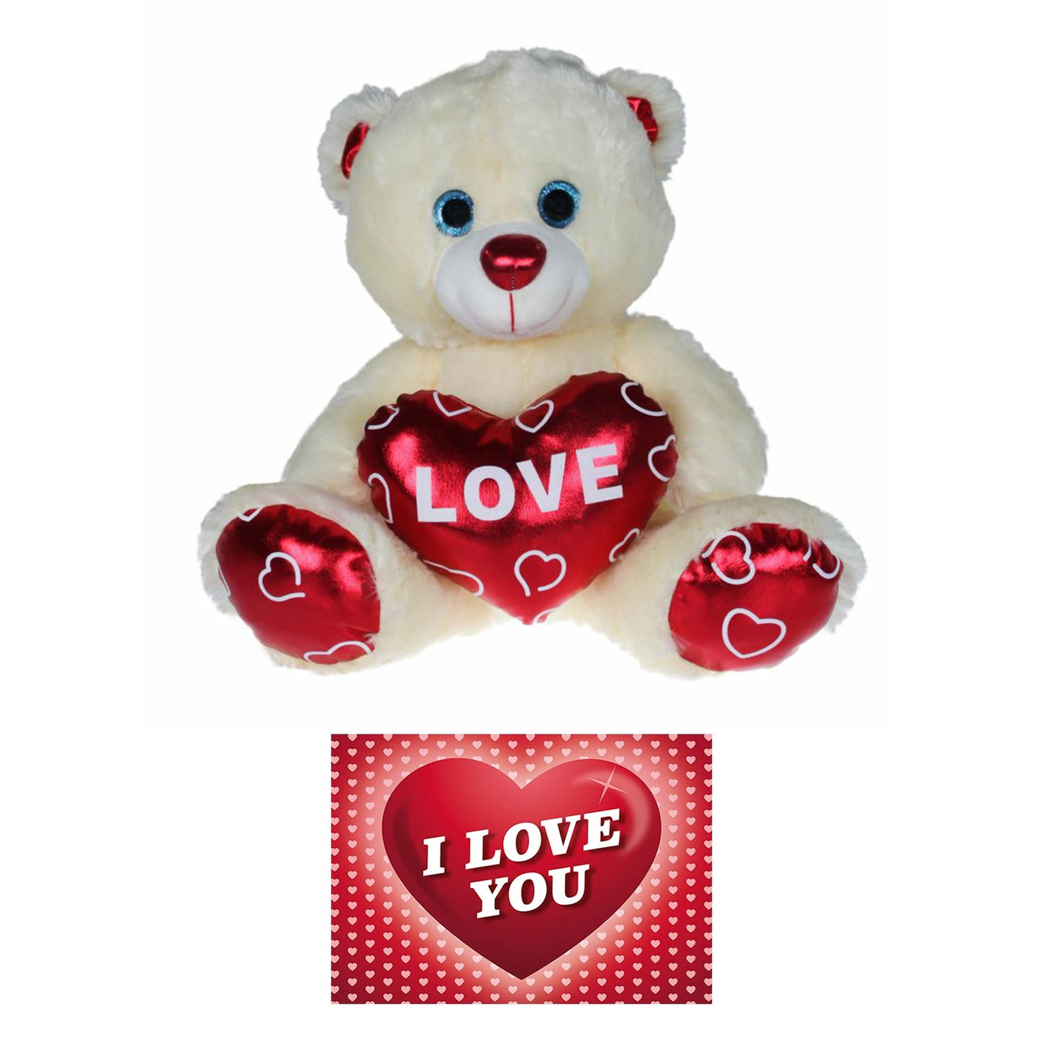 Pluche Knuffelbeer 60 Cm Met Wit-rood Valentijn Love Hartje Incl. Hartjes Wenskaart Knuffelberen