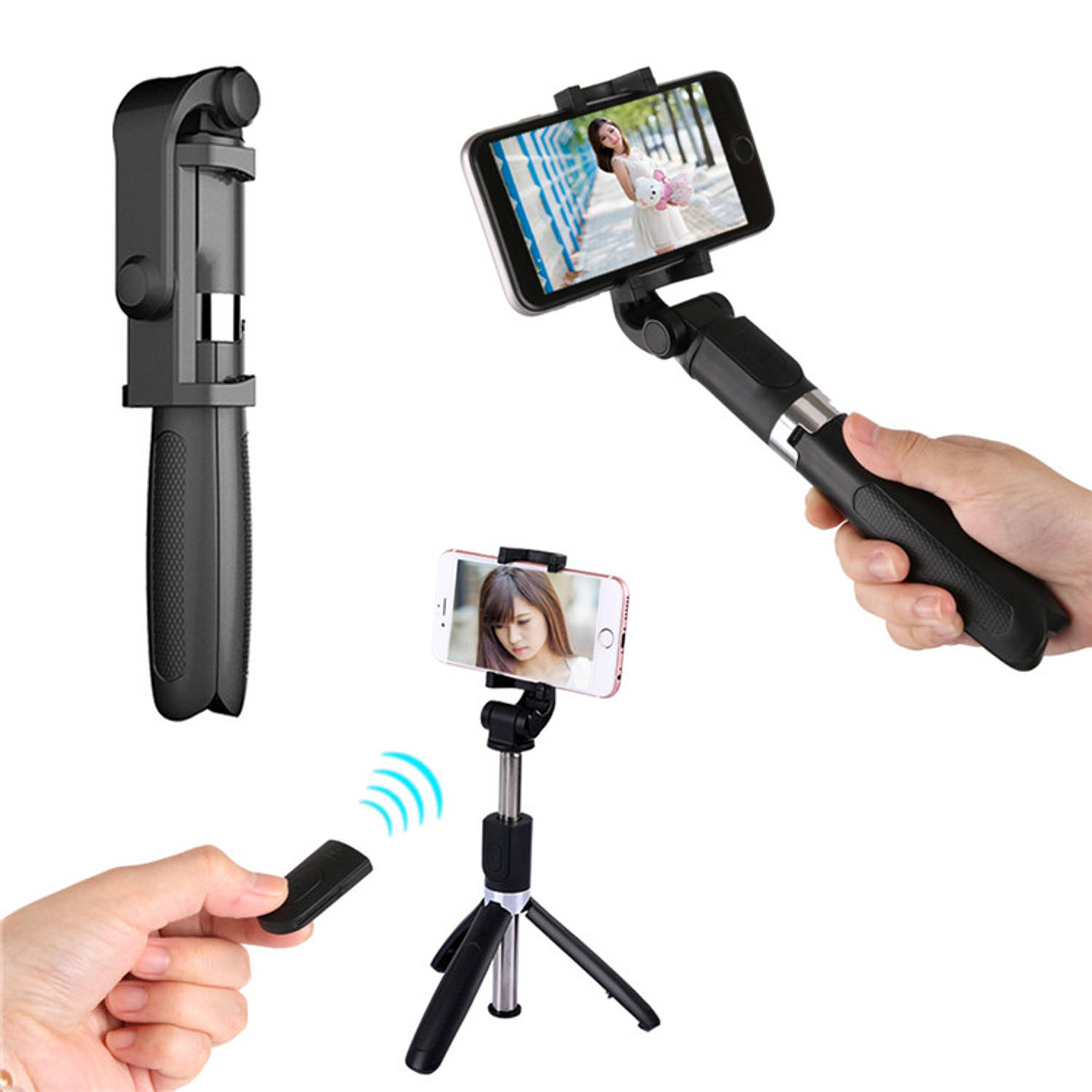 Selfie Stick Tripod Statief Smartphone Universeel Bluetooth Zwart Incl. Afstandsbediening! (3 In 1)