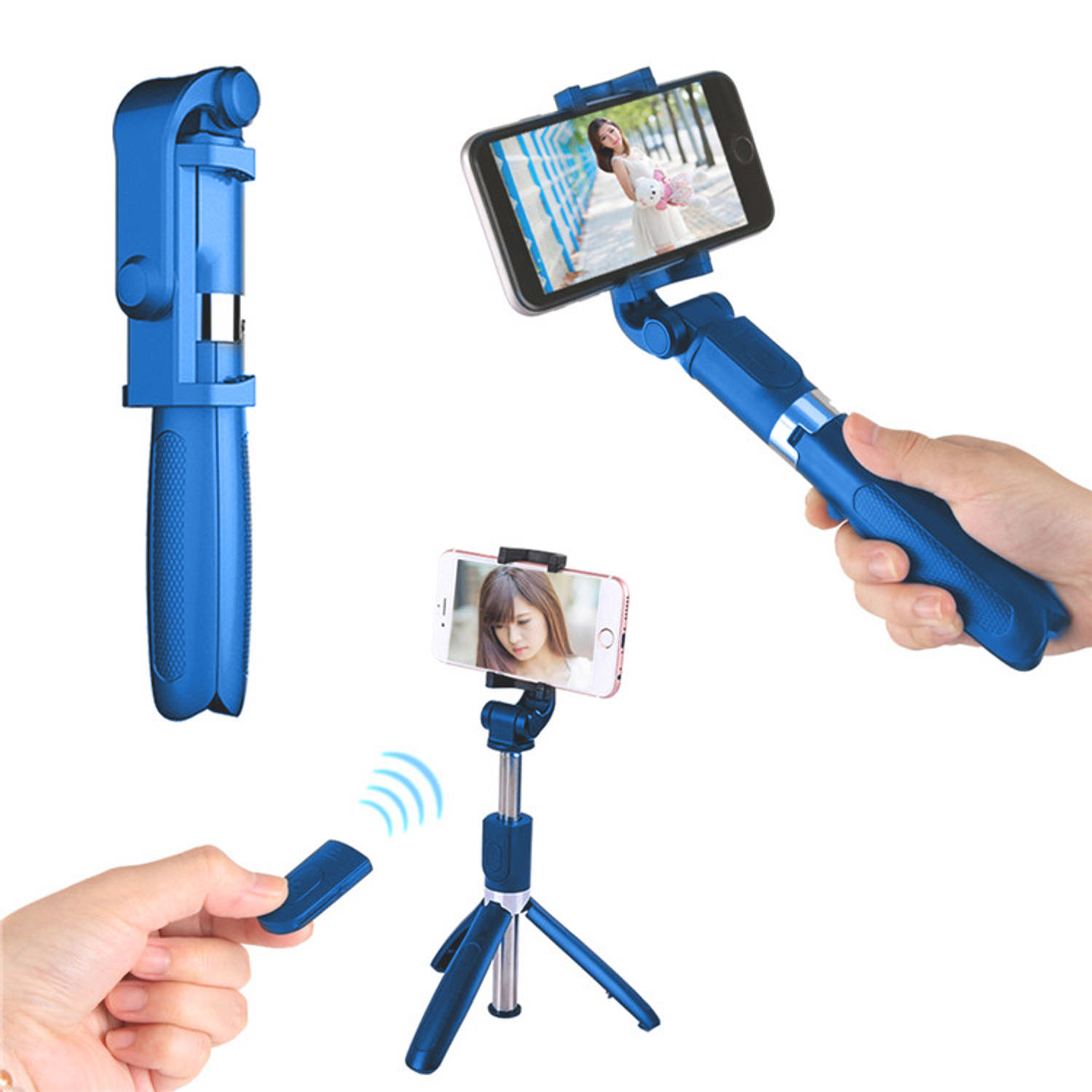 Selfie Stick Tripod Statief Smartphone Universeel Bluetooth Blauw Incl. Afstandsbediening! (3 In 1)