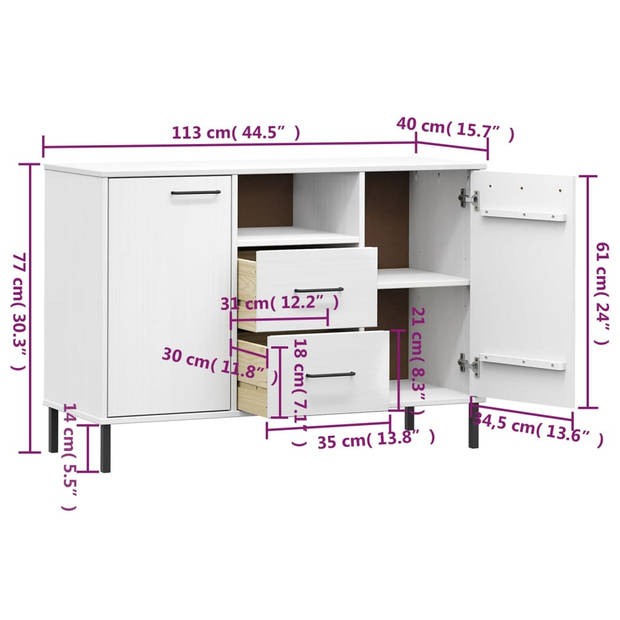 vidaXL Dressoir met metalen poten OSLO 113x40x77 cm grenenhout wit