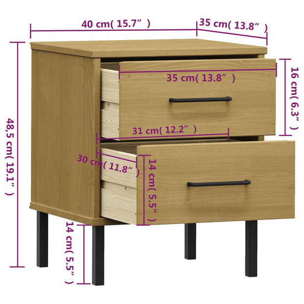 vidaXL Nachtkastje met metalen poten OSLO massief grenenhout bruin