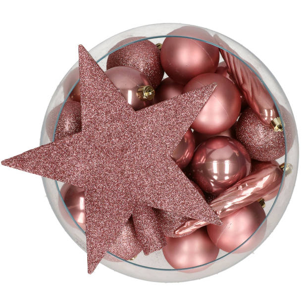 Bellatio Decorations set 33x stuks kunststof kerstballen met ster piek oud roze - Kerstbal