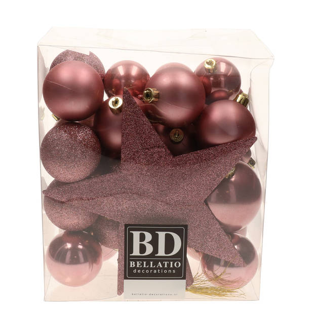 Bellatio Decorations set 33x stuks kunststof kerstballen met ster piek oud roze - Kerstbal