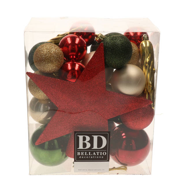 Set 33x stuks kunststof kerstballen met ster piek rood/champagne/groen - Kerstbal