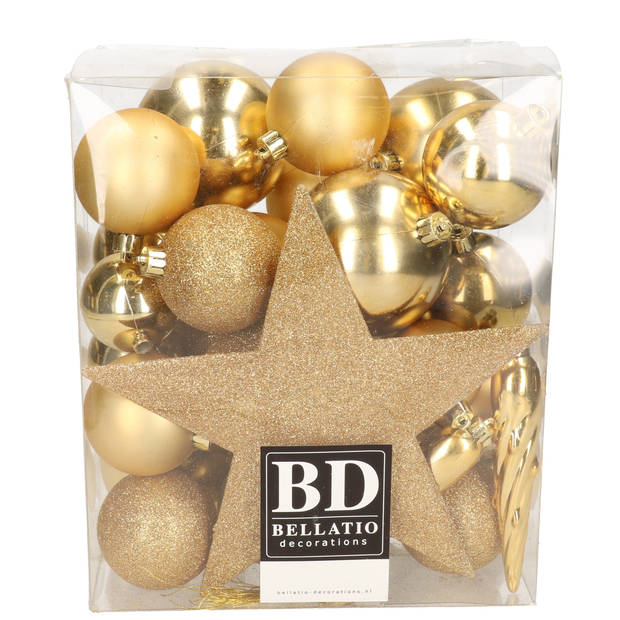 Bellatio Decorations Kerstballen - met piek - 33 stuks - goudkleurig - onbreekbaar - 5-6-8 cm - Kerstbal