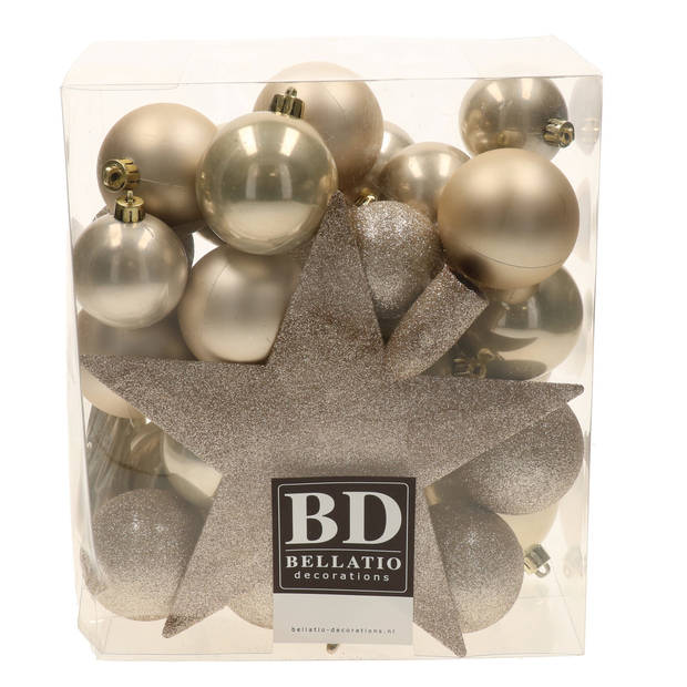 Bellatio Decorations set 33x stuks kunststof kerstballen met ster piek champagne - Kerstbal