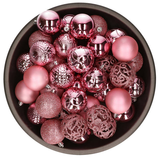 Kunststof kerstballen 37x stuks bubblegum roze 6 cm - Kerstbal