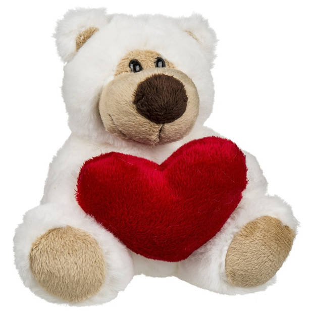 Pluche knuffel Valentijn rode hartjes beertje 15 cm met hartjes wenskaart - Knuffelberen