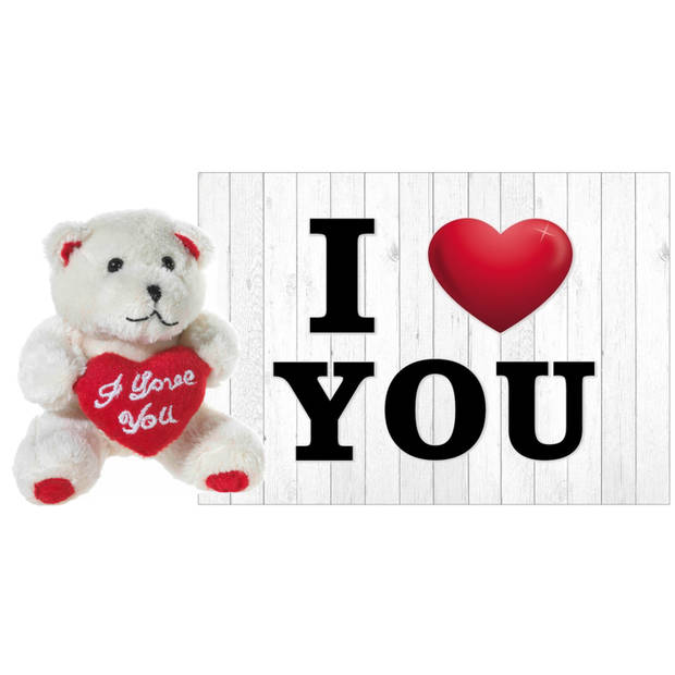 Pluche knuffel Valentijn I Love You beertje 10 cm met hartjes wenskaart - Knuffelberen