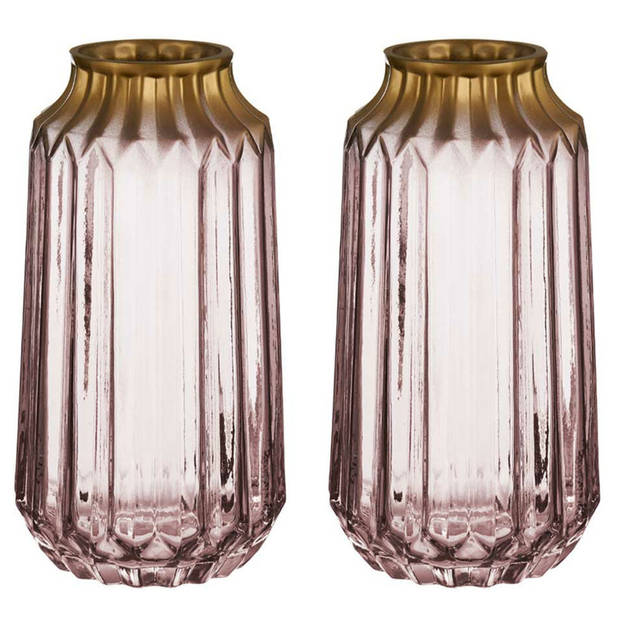 Bloemenvazen 2x stuks - luxe deco glas - roze transparant/goud - 13 x 23 cm - Vazen