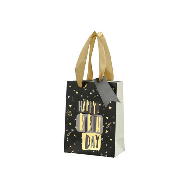 Set van 4x stuks papieren verjaardag giftbags/cadeau tasjes Happy Birthday zwart 11 x 14 x 6 cm - cadeautasjes