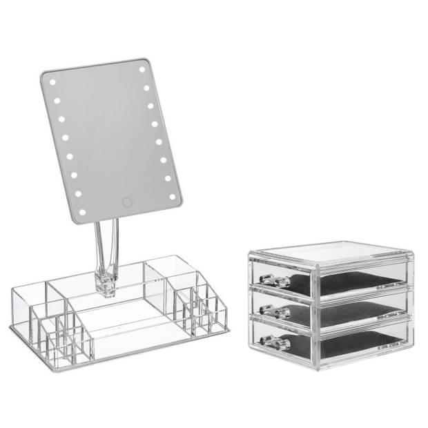 Make-up organizer set vakjes en lades 15,5 x 10,5 cm en een LED spiegel - Make-up spiegeltjes