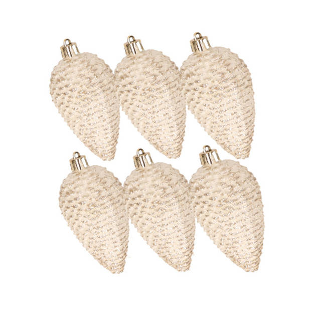 Kerstornamenten kunststof dennenappels 6x stuks beige glitter 8 cm - Kersthangers