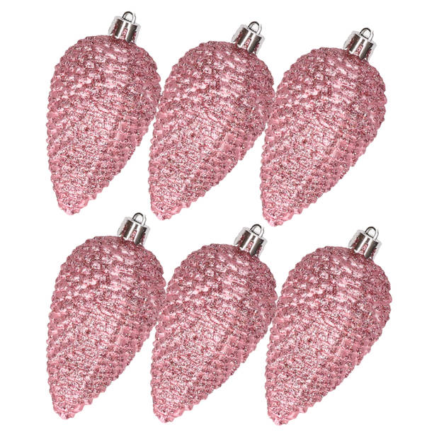 Kerstornamenten kunststof dennenappels 6x stuks roze glitter 8 cm - Kersthangers