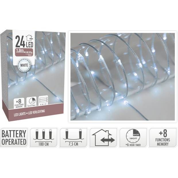 Draadverlichting lichtsnoer met 24 lampjes helder wit op batterij 180 cm - Lichtsnoeren
