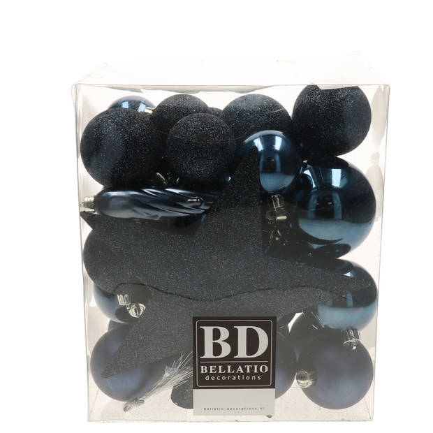 Bellatio Decorations set 33x stuks kunststof kerstballen met ster piek donkerblauw - Kerstbal