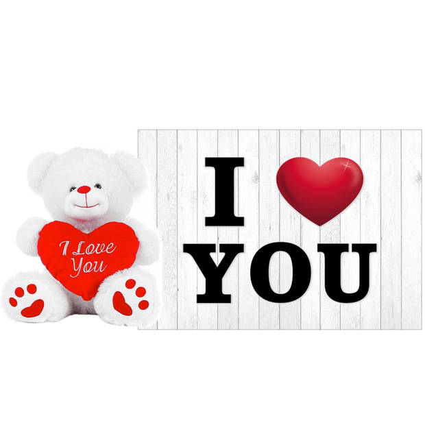 Pluche knuffel Valentijn I Love You beertje 20 cm met hartjes wenskaart - Knuffelberen