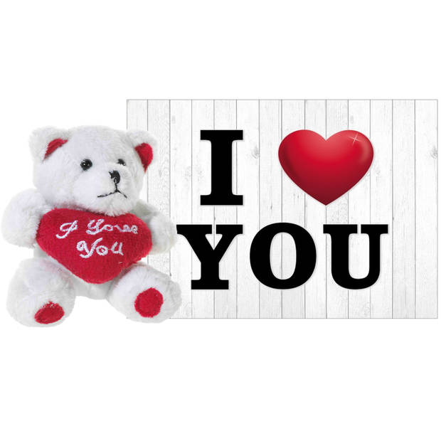 Pluche knuffel Valentijn I Love You beertje 10 cm met hartjes wenskaart - Knuffelberen