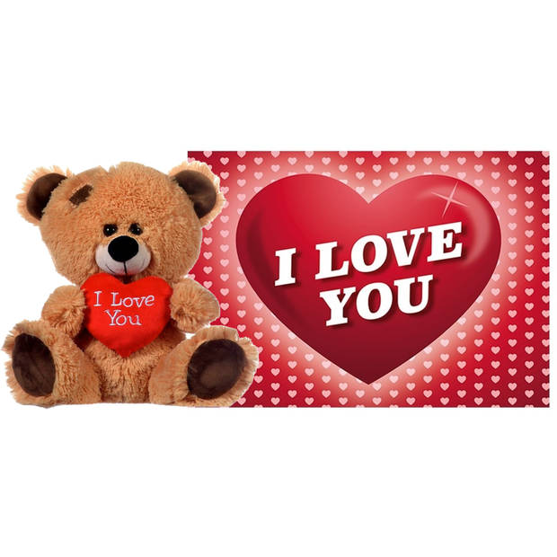 Pluche knuffel Valentijn I Love You beertje 20 cm met hartjes wenskaart - Knuffelberen