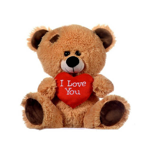 Pluche knuffel Valentijn I Love You beertje 20 cm met hartjes wenskaart - Knuffelberen