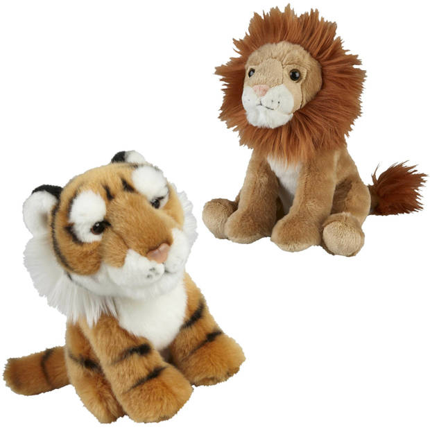 Knuffeldieren set leeuw en tijger pluche knuffels 18 cm - Knuffeldier
