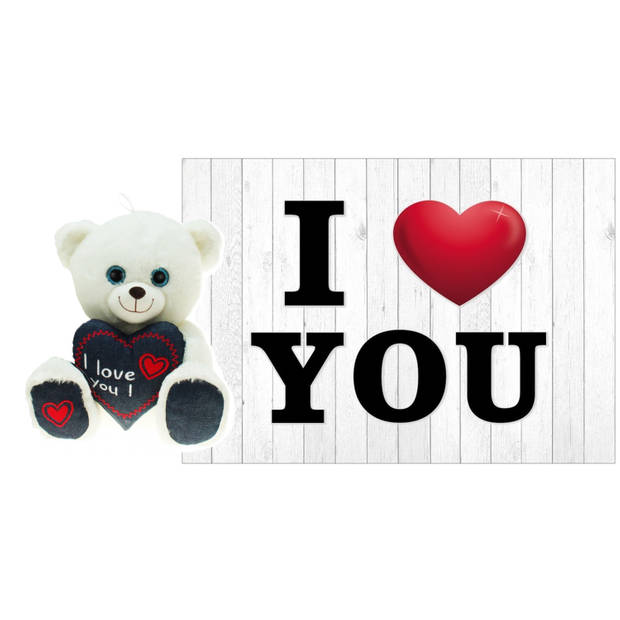 Pluche knuffel Valentijn I Love You beertje 25cm met hartjes wenskaart - Knuffelberen