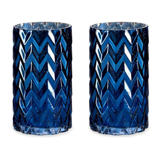 Bloemenvazen 2x stuks - luxe decoratie glas - blauw - 11 x 20 cm - Vazen