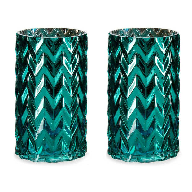 Bloemenvazen 2x stuks - luxe decoratie glas - turquoise blauw - 11 x 20 cm - Vazen