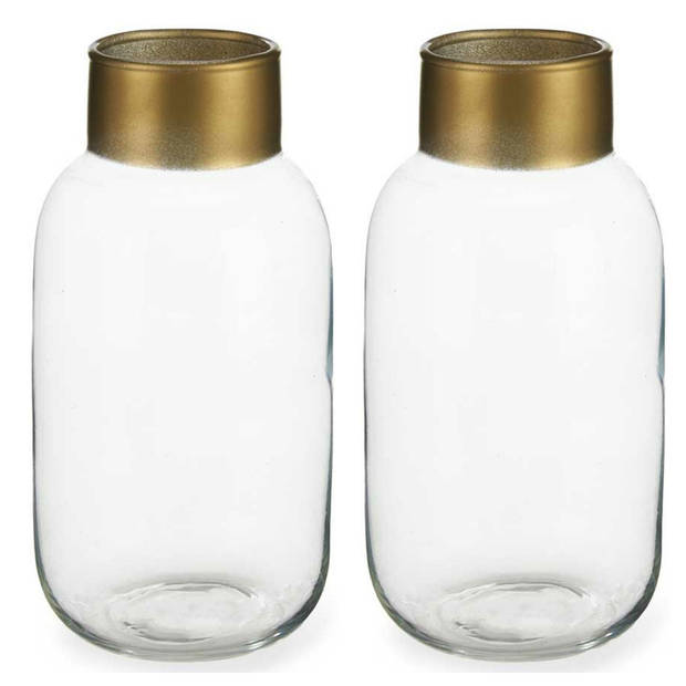 Bloemenvazen 2x stuks - luxe decoratie glas - transparant/goud - 12 x 24 cm - Vazen