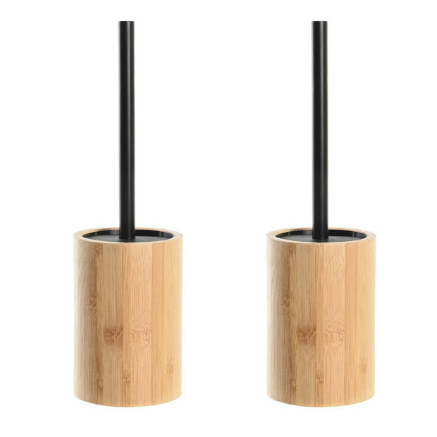 2x Stuks WC/Toiletborstel in houder naturel/zwart bamboe hout 36 x 10 cm - Toiletborstels