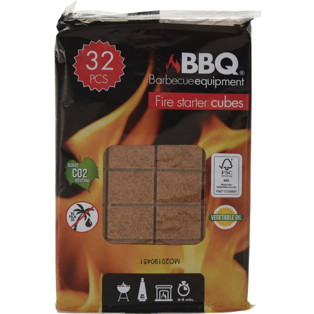 BBQ/Barbecue briketten starter met houten handvat zwart 27 cm met 32x BBQ aanmaakblokjes - Barbecuegereedschapset