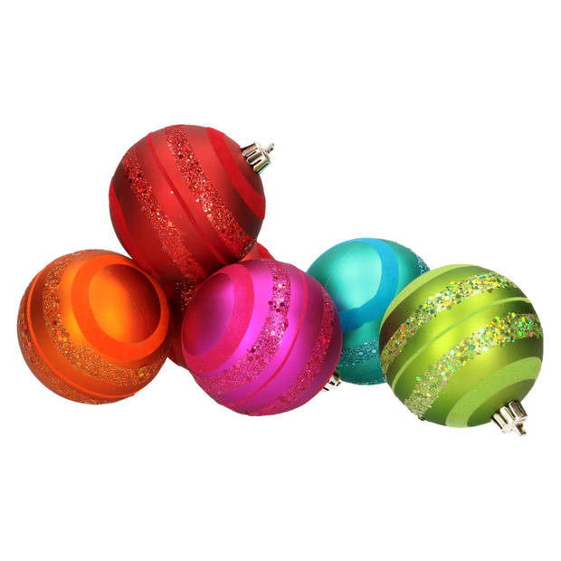 6x stuks kerstballen gekleurd met glitter rand 8 cm - Kerstbal