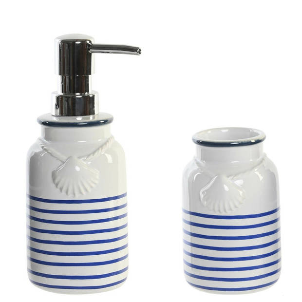 Badkamer accessoires setje drinkbeker en zeeppompje 18 cm wit/blauw - Zeeppompjes