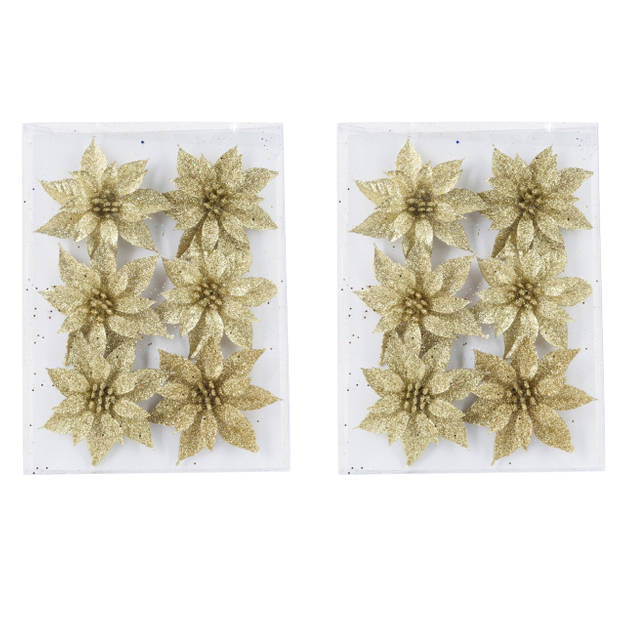 24x stuks decoratie bloemen rozen goud glitter op ijzerdraad 8 cm - Kersthangers