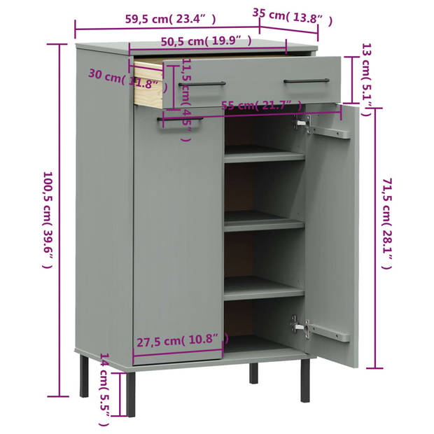 The Living Store OSLO Schoenenrek - 59.5 x 35 x 100.5 cm - Massief grenenhout - Lade - Deuren