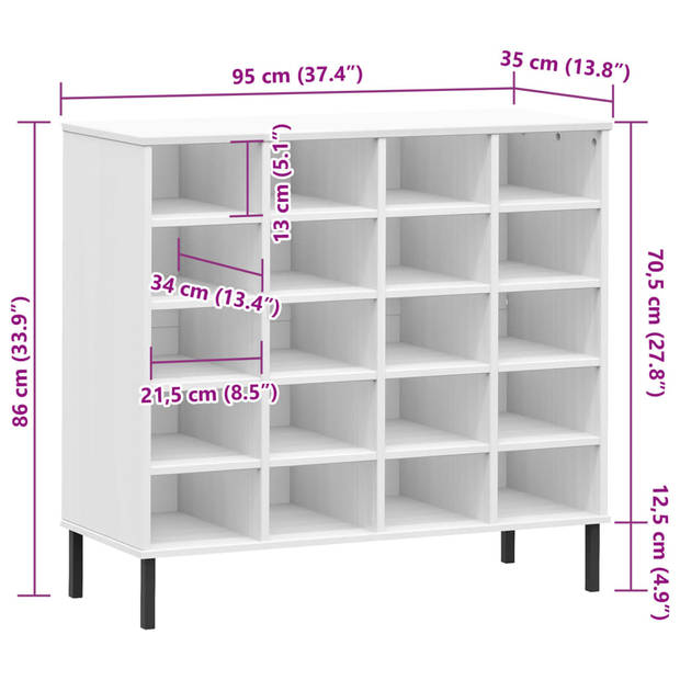 vidaXL Schoenenrek met metalen poten OSLO 95x35x86 cm grenenhout wit