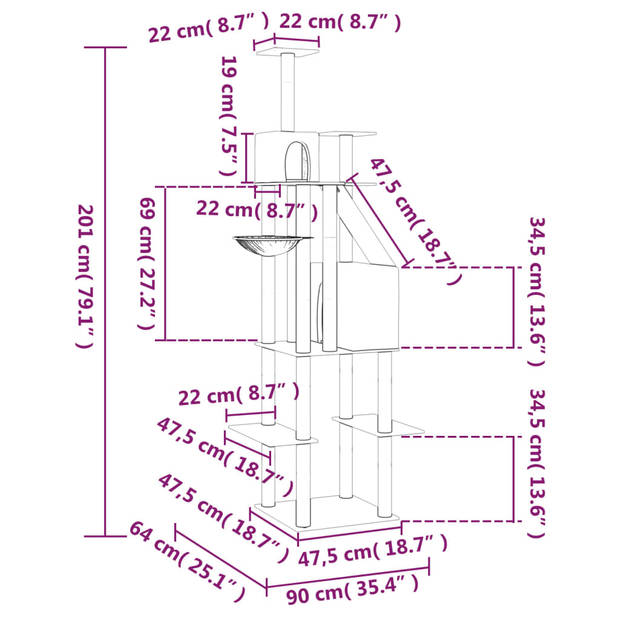 The Living Store Kattenboom - Krabpaal - 90x64x201 cm - Met meerdere niveaus en comfortabel pluche