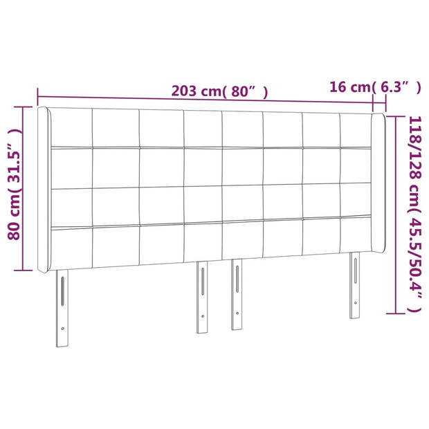 vidaXL Hoofdbord met randen 203x16x118/128 cm fluweel lichtgrijs